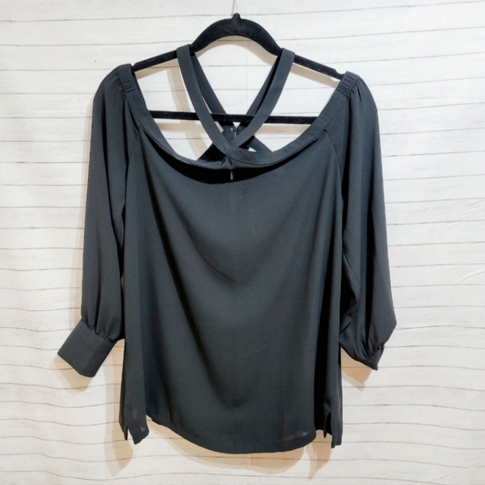 LOFT BLACK CHIFFON SHEER BLOUSE CRISS CROSS STRAP NECK DETAIL sz SMALL